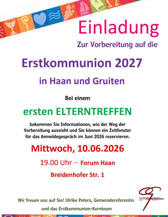 Zur Vorbereitung auf die  Erstkommunion 2027  in Haan und Gruiten
