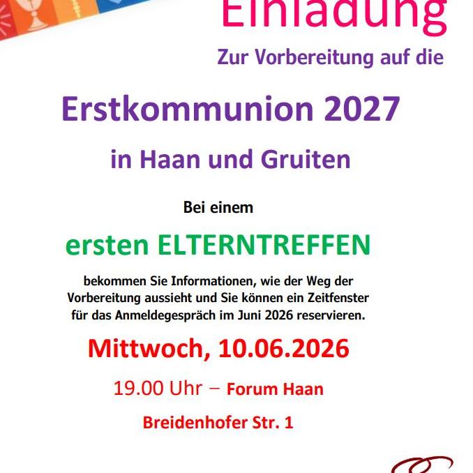 Zur Vorbereitung auf die  Erstkommunion 2027  in Haan und Gruiten